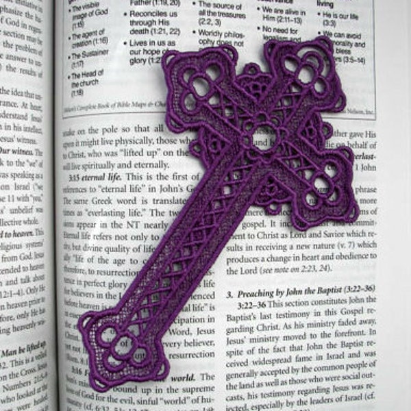 Machine Embroidered Large Royal Purple Lace Cross Bookmark (Can be made in any color.)