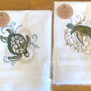 Machine Embroidered Set of 2 &quot;Sea Turtle&quot; towels, One w/ Mehndi Echo Stitching/One w/Echo Stitching - Hand Towels or Waffle Weave/Sea Decor