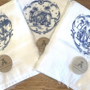 Set of 3 or Single Towel Machine Embroidered &quot;Blue Nativity&quot; Design Hand or Waffle Weave Towels/ Guest towels/ Hostess Gifts/Christmas Decor
