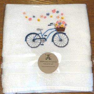 Machine Embroidered &quot;Breezy Floral&quot; Bicycle Design White Hand Towel/Cream or Waffle WeaveTowel/ Guest towel for Bath/Gift for Holidays