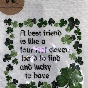 Machine Embroidered Best Friend and 4 Leaf Clover White Hand Towel/Cream or White Waffle Weave Towel/March Birthday Gift/Irish Decor image 3