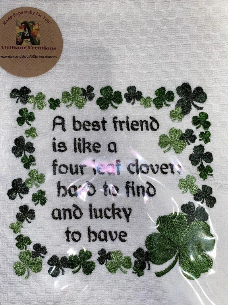 Machine Embroidered Best Friend and 4 Leaf Clover White Hand Towel/Cream or White Waffle Weave Towel/March Birthday Gift/Irish Decor image 3