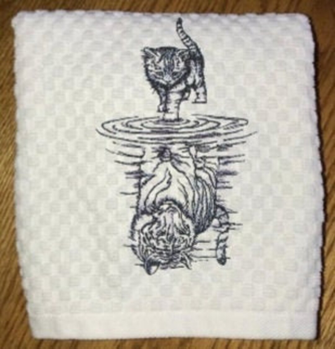 Machine Embroidery feline Reflection Design Kitchen Towel/cream or White Waffle Weave Towel/cat