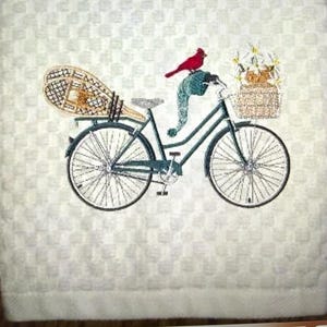 Embroidered Winter Bike Waffle Weave Towel: Holiday Kitchen Decor