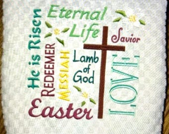 Embroidered Easter Waffle Weave Towel: Religious Easter Decor
