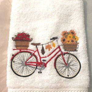 Machine Embroidered &quot;Fall Bobbin&#39; for Apples Bicycle&quot; Design-WhiteorCream Waffle Weave/Hand Towel/Fall Kitchen Decor/Autumn Bathroom Decor