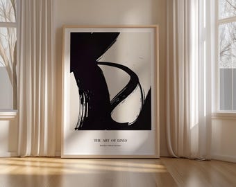 Abstracte zwart-witte muurkunst, minimalistische penseelstreek