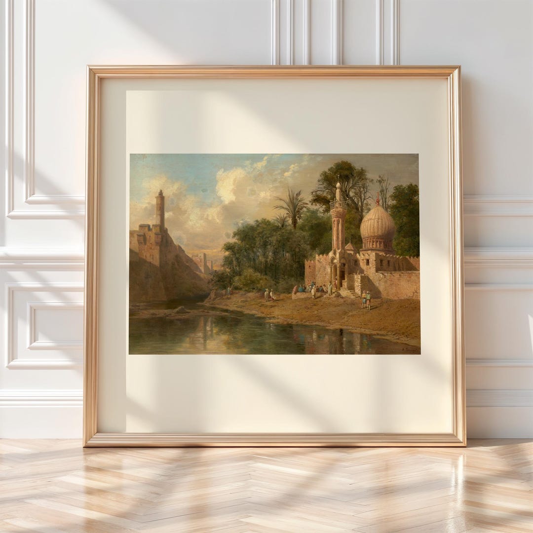 Vintage Orientalist Wall Art Print Historic Mosque By River Scene vintage-orientalist-wall-art-print-historic-mosque-by-river-scene