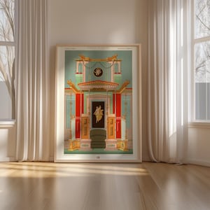 Op de afbeelding: Een ingelijste prent van Grieks-Romeinse architectuur. Het kunstwerk heeft een turquoise achtergrond met rode, gouden en oranje accenten. De prent bevat bovenaan de tekst "GRECO-ROMAIN". De prent wordt tentoongesteld op een houten vloer naast een raam met witte gordijnen.