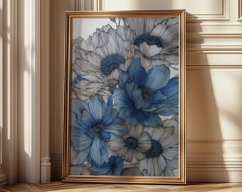Quadro decorativo floral em tinta azul para parede – Ilustração de flor desenhada à mão