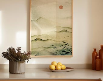 Muurschildering Japanse aquarel landschap: mistige bergen en rode zon Japandi Nature