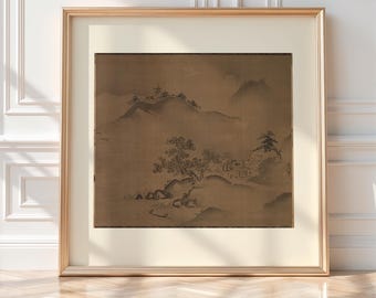 Japanese Ink Landscape Wall Art Print, Antique Style Mountain Scene Poster