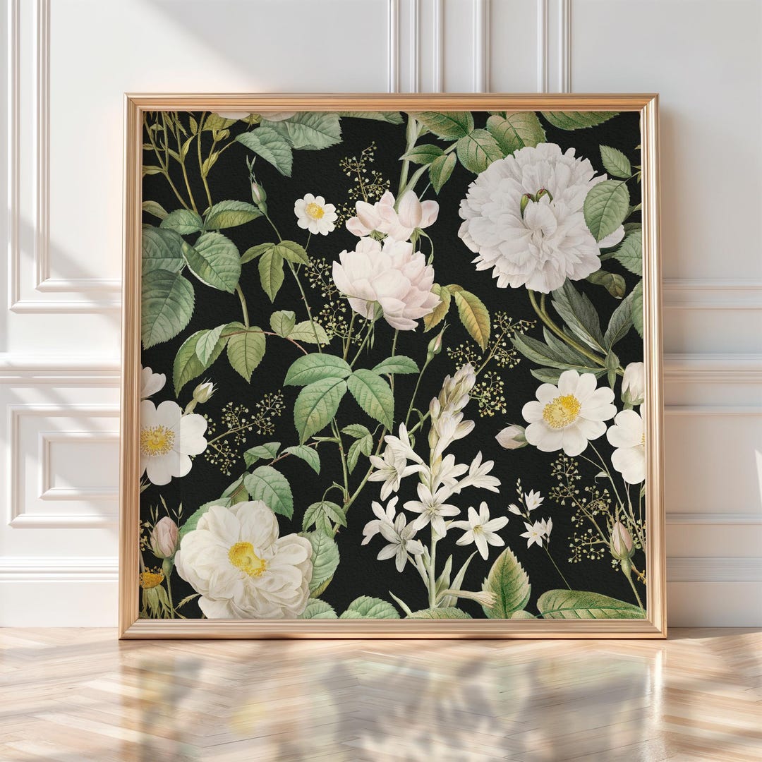 Dark Floral Wall Art Print, Vintage Botanical Flowers on Black ...