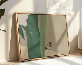 Lámina minimalista japonesa de pájaro para pared: gorrión y bambú en la nieve, póster vintage de Shin-Hanga