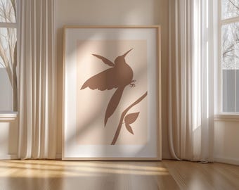 Minimalist Hummingbird Silhouette Wall Art Print – Soft Neutral Bird Illustration on Beige