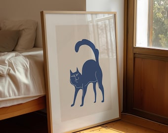 Blue Cat Line Art Print – Modern Minimalist Animal Poster