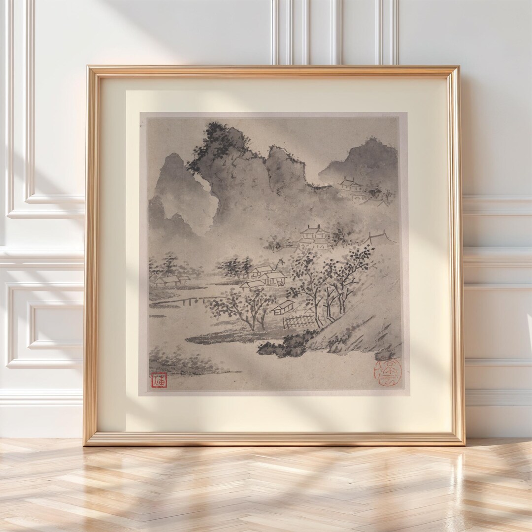 Square Chinese Ink Landscape Wall Art Print, Vintage Shan Shui Mountain ...