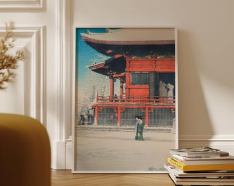 ヴィンテージの日本の仏塔の木版画、寺院の風景画、リビングルームの