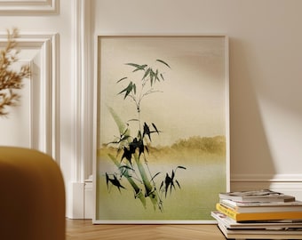 Muurschildering Japanse aquarel landschap: bamboe en mistige horizon Japandi natuurschilderij