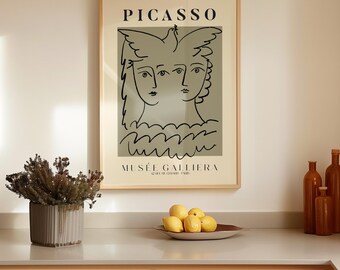 Stampa artistica di Picasso Two Faces Line Art – Manifesto museale minimalista astratto con uccello