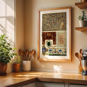 May include: A framed print featuring a detailed, vintage botanical illustration with ornate patterns in gold, brown, and blue. The artwork is displayed on a wooden countertop in a kitchen setting, with plants and kitchen utensils.