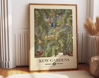 Kew Gardens Botanical Wall Art Print, Vintage Bird Illustration Poster, Lush Garden Foliage