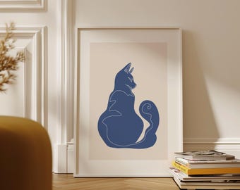 Blue Cat Line Art Print – Modern Minimalist Feline Silhouette Poster, Abstract Animal Wall Art