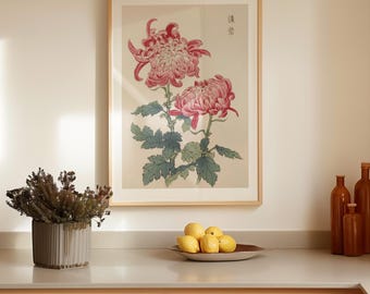 Japanese Chrysanthemum Wall Art Print, Vintage Twin Floral Illustration, Soft Red Botanical Decor