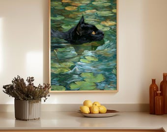 Monet Style Black Cat Print – Water Lilies, Impressionist Artwork