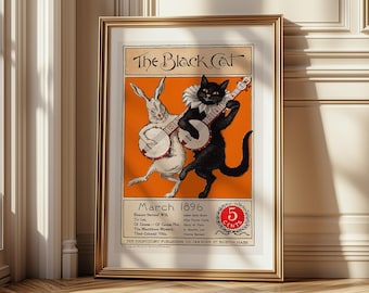 Black Cat Vintage Magazine Poster Print: March 1896 Banjo Cat & Rabbit Illustration
