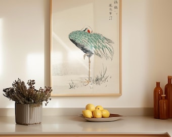 Japanischer Kranich Kunstdruck, Vintage Sumi-e Vogel Illustration, Japandi Wanddekoration, Zen Natur Poster