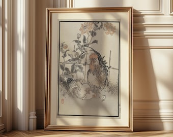 Japanese Rooster Wall Art Print, Vintage Ukiyo-e Farm Illustration, Traditional Animal Art