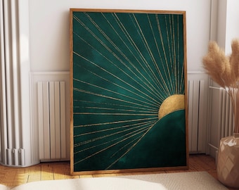 Stampa artistica da parete Japandi Gold Sunrise – Poster astratto minimalista verde smeraldo