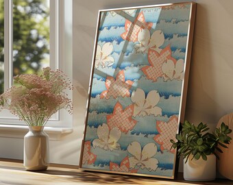 Japanese Vintage Cherry Blossom Wall Art Print – Blue Wave & Sakura Pattern Poster