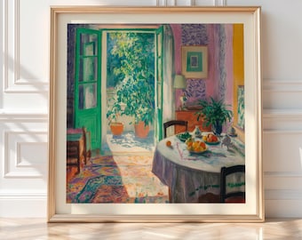 Stampa artistica da parete quadrata per interni, sala da pranzo illuminata dal sole con porta verde aperta