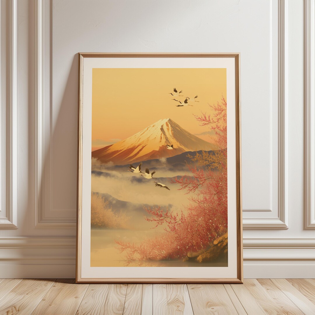 Japandi Wall Art Print, Vintage Japanese Mountain Landscape With Cranes ...