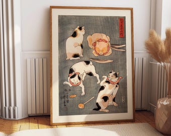 Stampa artistica di gatto Ukiyo-e, illustrazione giapponese d'epoca