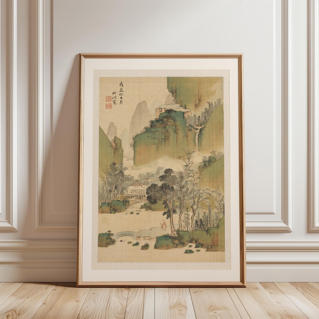 Japanese Mountain Village Wall Art Print, Vintage Ink Landscape Poster ...