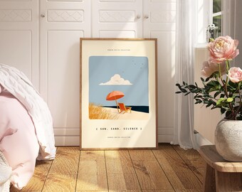Minimalist Beach Poster, Coastal Wall Art Print with Umbrella & Chair, Modern Summer Illustration