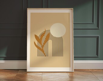 Boho Botanical Wall Art Print, Abstract Leaf Poster in Warm Earth Tones