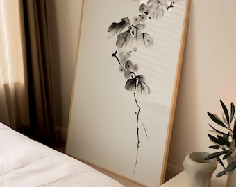 Minimalist Japanese Ink Botanical Wall Art Print – Sumi-e Flower Branch Poster