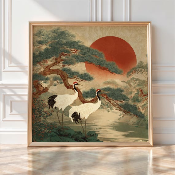 Japanese Crane Square Wall Art Print, Red Sun Pine Tree Landscape