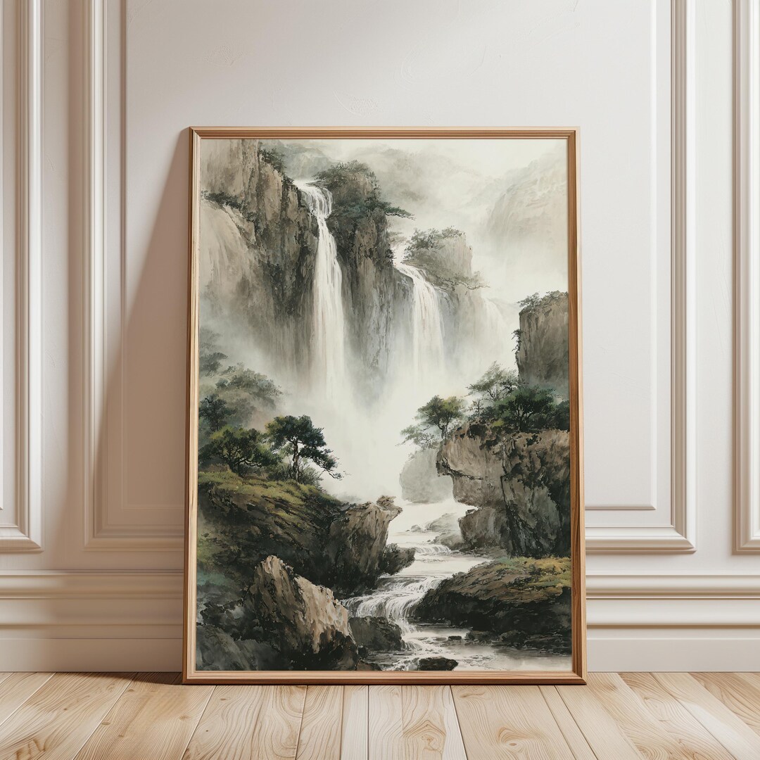 Japanese Waterfall Landscape Wall Art Print, Misty Mountain Ink Style ...