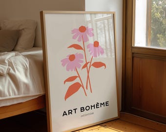 Art Bohème Floral Poster Print | Modern Minimal Botanical Wall Art in Pink & Coral