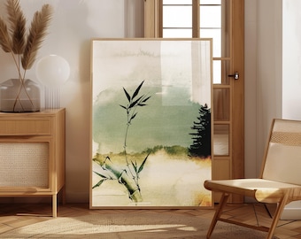 Muurschildering Japanse aquarel landschap: bamboe en mistige horizon Japandi natuurschilderij