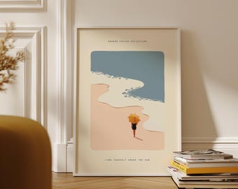 Minimal Beach Wall Art Print, Woman with Umbrella Poster