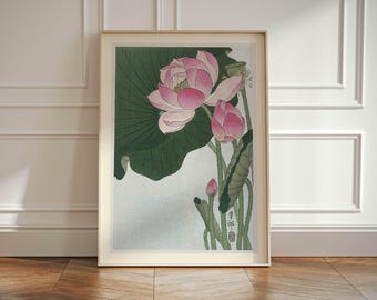 Xilografía japonesa de flores de loto: póster botánico vintage, decoración de pared con flores de loto rosa
