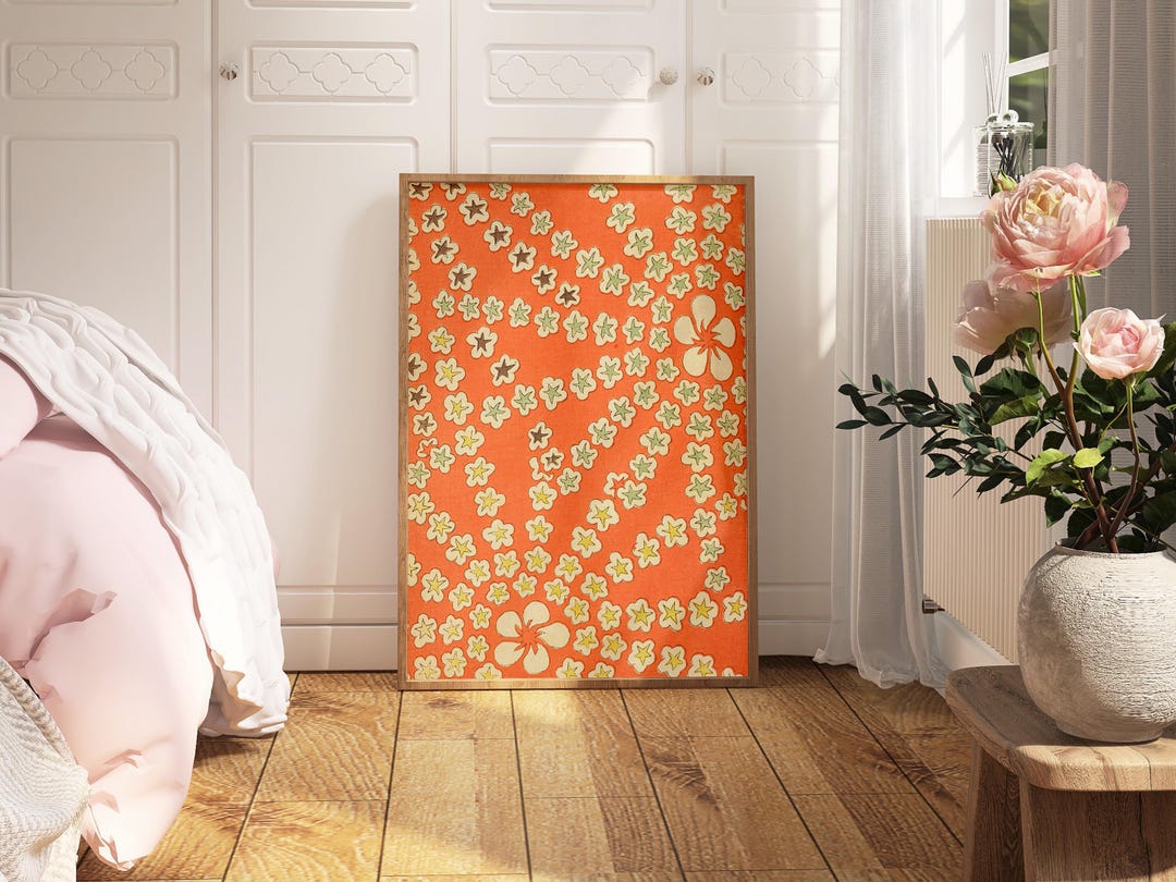 Japanese Vintage Floral Wall Art Print – Bold Orange Abstract Flower ...