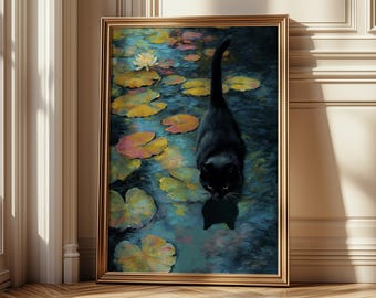 Monet Inspired Black Cat Wall Art Print – Impressionist Water Lily Pond Painting
