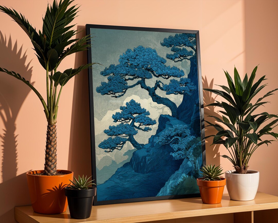 Japanese Pine Tree Wall Art Print, Blue Vintage Japanese Landscape ...